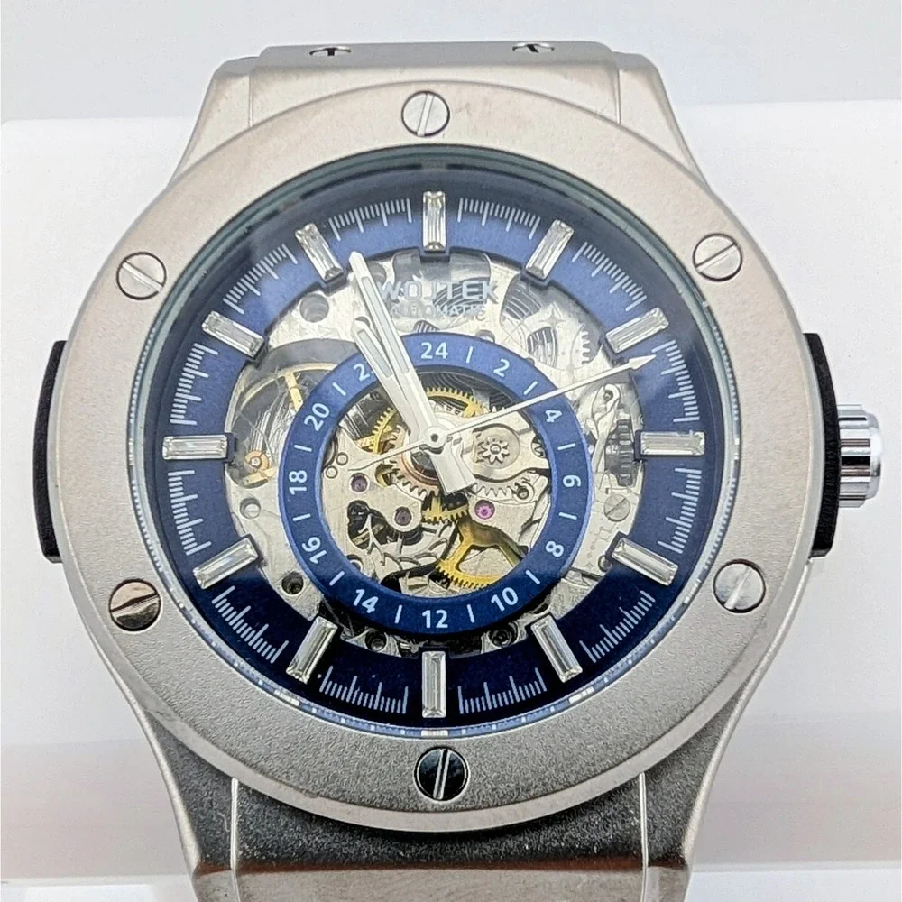 Wojtek Automatic Skeleton Blue Dial Men's Watch 24 Hour Display NWOT 45mm